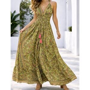 NWT 100% Viscose bright green Paisley Maxi Dress Boho Halter